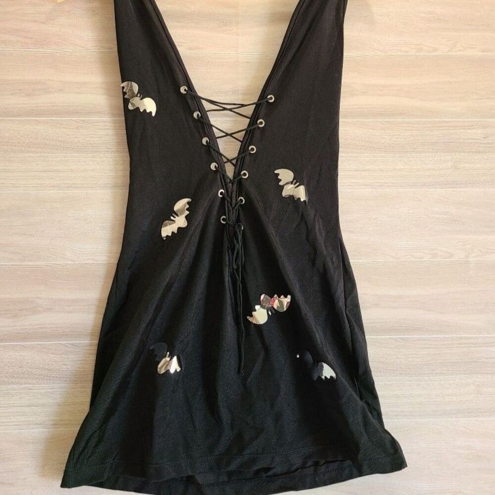 Black Bat Mini Dress Lace Up Corset Gothic Halloween Costume Witchy